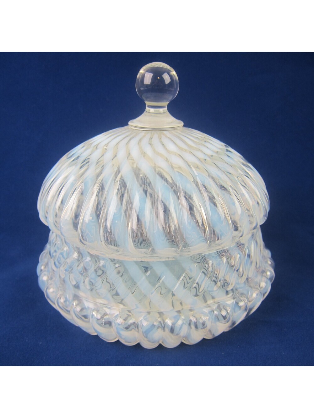 Antique Northwood Chrysanthemum Swirl Opalescent White Glass Jar & Lid 6" RARE